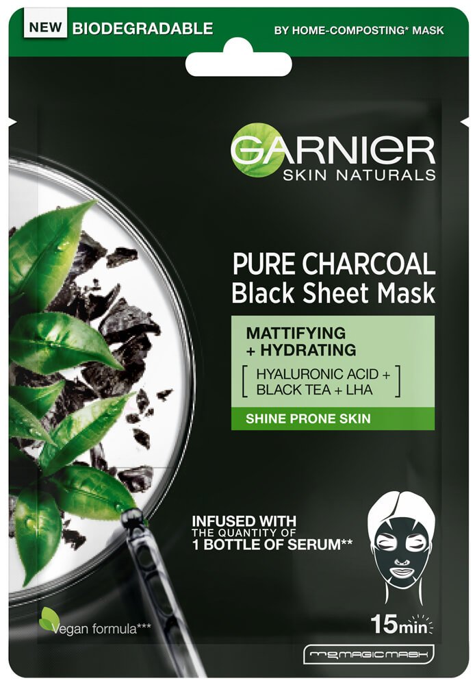 Garnier Masca servetel Pure Charcoal cu ceai negru pentru matifiere